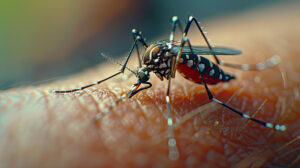 Hyper realistic closeup photo of a mosquito on an arm, side view, advanced tone, vivid colours