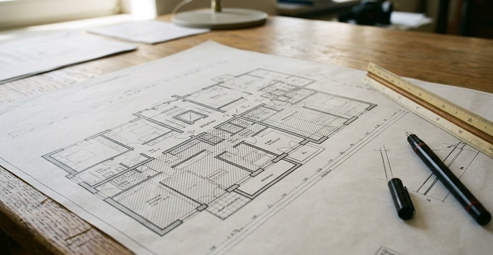 Nahaufnahme eines Grundrissplans bzw. Wertquotenplans auf einem Tisch, evtl. mit Massstab oder Stift daneben – visualisiert den technischen Aufteilungsschritt, ohne Text oder erkennbare Adressen zu zeigen.